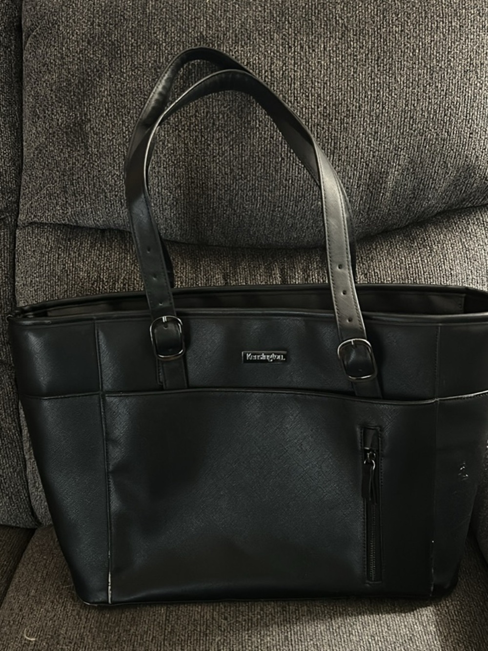 Black Leather Briefcase Tote with Front Zip Pocket